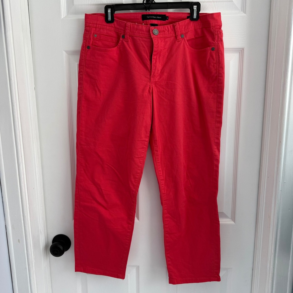 Calvin Klein Jeans Womens Red Straight Leg Ankle Pants Size 14 Stretch Denim